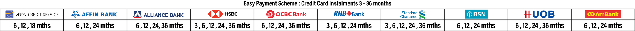 Easy payment scheme: credit-card instalments 3 to 36 months via AEON, Affin, Alliance, HSBC, OCBC, RHB, Standard Chartered, BSN, UOB and AmBank